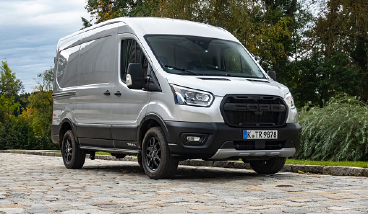 Munich, Germany - 6th October, 2020: Ford Transit Trail parked on a road. This model is one of the most popular delivery vans in Europe.